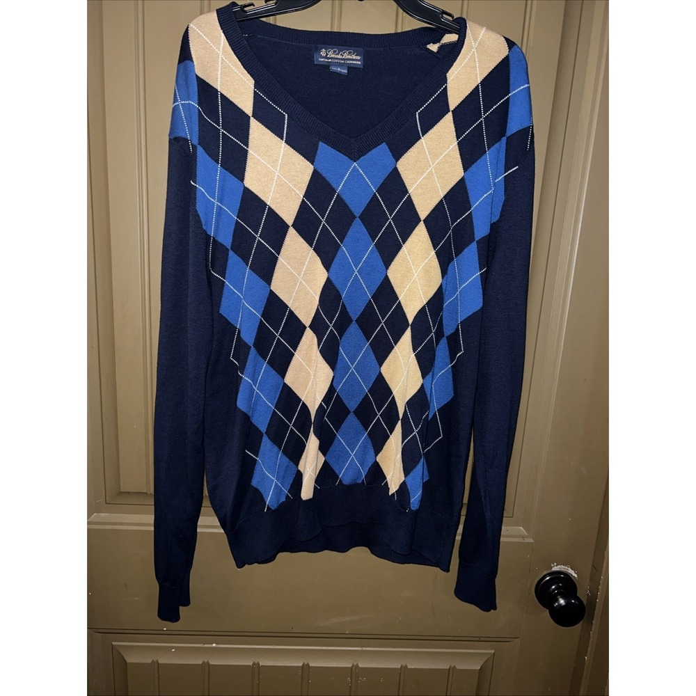 Brooks Brothers Cotton/Cashmere Mens Blue Large Knit V Neck Sweater Sapima